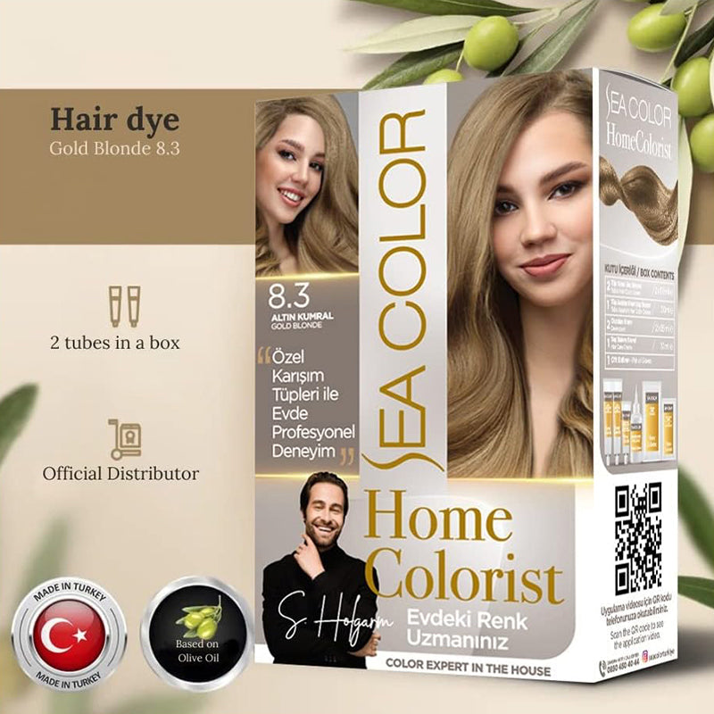 SEA COLOR "HOME COLORIST" - 8.3 GOLD BLONDE, Professional Hair Dye Set, 2 tubes in a box