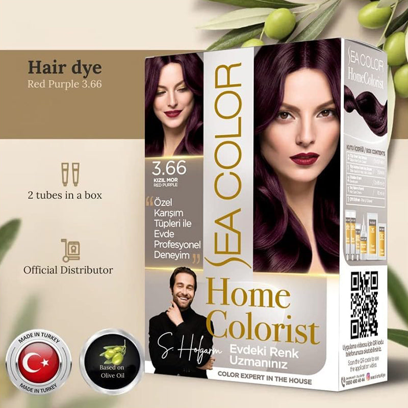 Sea Color 2 Tubes Home Colorist 3.66 Red Purple Premium Hair Dye Professional Results at Home