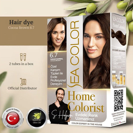SEA COLOR "HOME COLORIST" - 6.7 COCOA BROWN, Professional Hair Dye Set, 2 tubes in a box