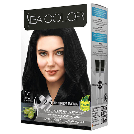SEA COLOR 1.0 BLACK Hair Color Kit with Olive Oil for a Permanent, Shiny Color for All Hair Types