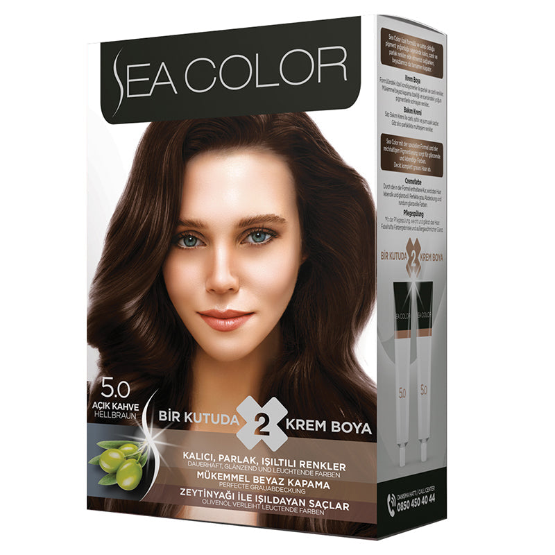 SEA COLOR 5.0 LIGHT BROWN Hair Color Kit with Olive Oil for a Permanent, Shiny Color for All Hair Types