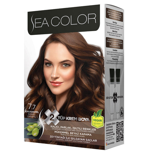 SEA COLOR 7.7 DARK CARAMEL Hair Color Kit with Olive Oil for a Permanent, Shiny Color for All Hair Types