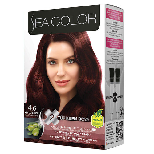 SEA COLOR 4.6 CHESTNUT RED Hair Color Kit with Olive Oil for a Permanent, Shiny Color for All Hair Types