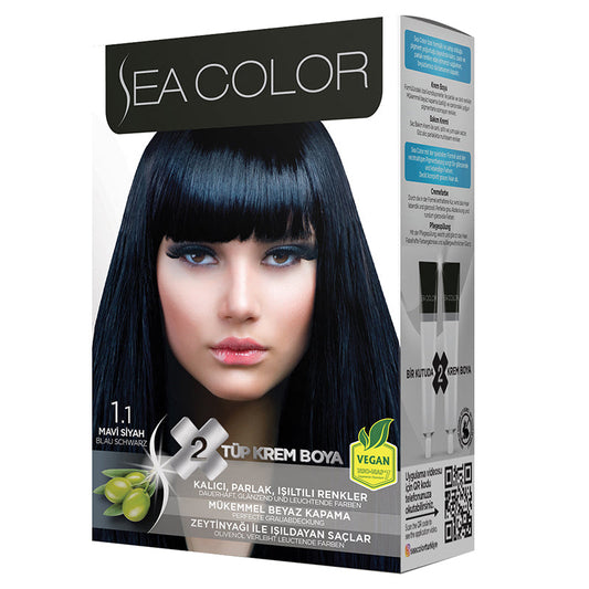 SEA COLOR 1.1 BLUE BLACK Hair Color Kit with Olive Oil for a Permanent, Shiny Color for All Hair Types