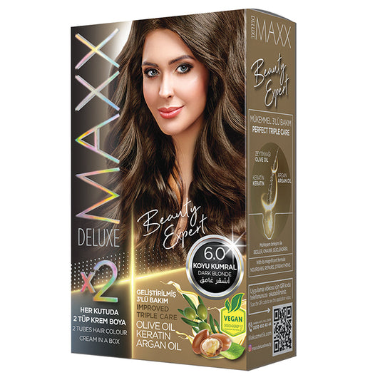 MAXX DELUXE 6.0 DARK BLONDE KIT, Improved Triple care, Long Lasting, Olive Oil, Keratin and Argan Oil