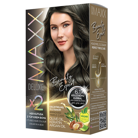 Maxx Deluxe Hair Color KIT 6.1 ASH DARK BLONDE, Improved Triple care, Long Lasting, Olive Oil, Keratin and Argan Oil