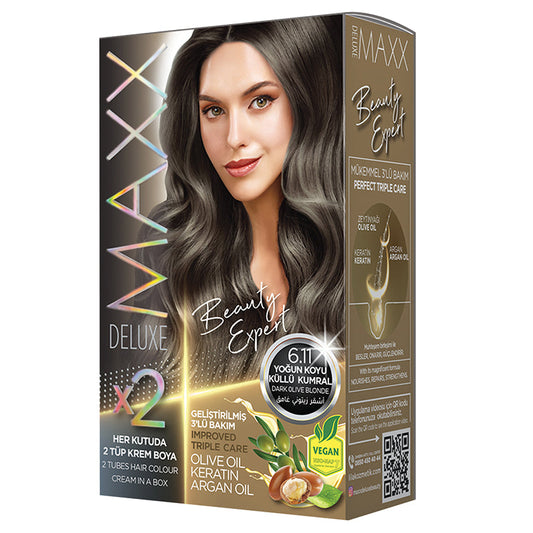 MAXX DELUXE 6.11 DARK OLIVE BLONDE KIT, Improved Triple care, Long Lasting, Olive Oil, Keratin and Argan Oil