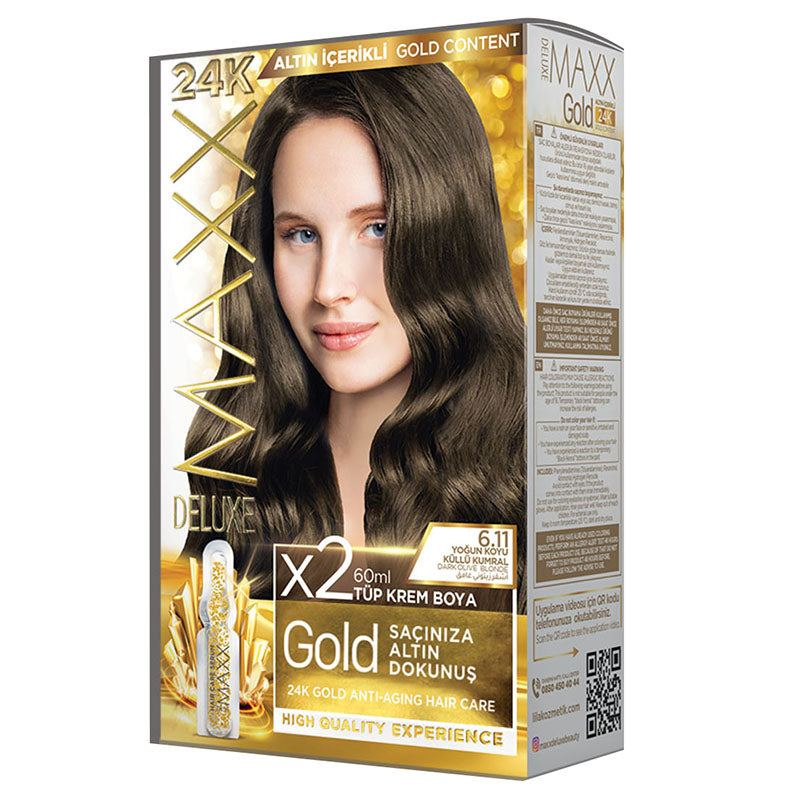 MAXX DELUXE GOLDEN 6.11 DARK OLIVE BLONDE KIT, 24K GOLD ANTI-AGING HIGH QUALITY HAIR CARE